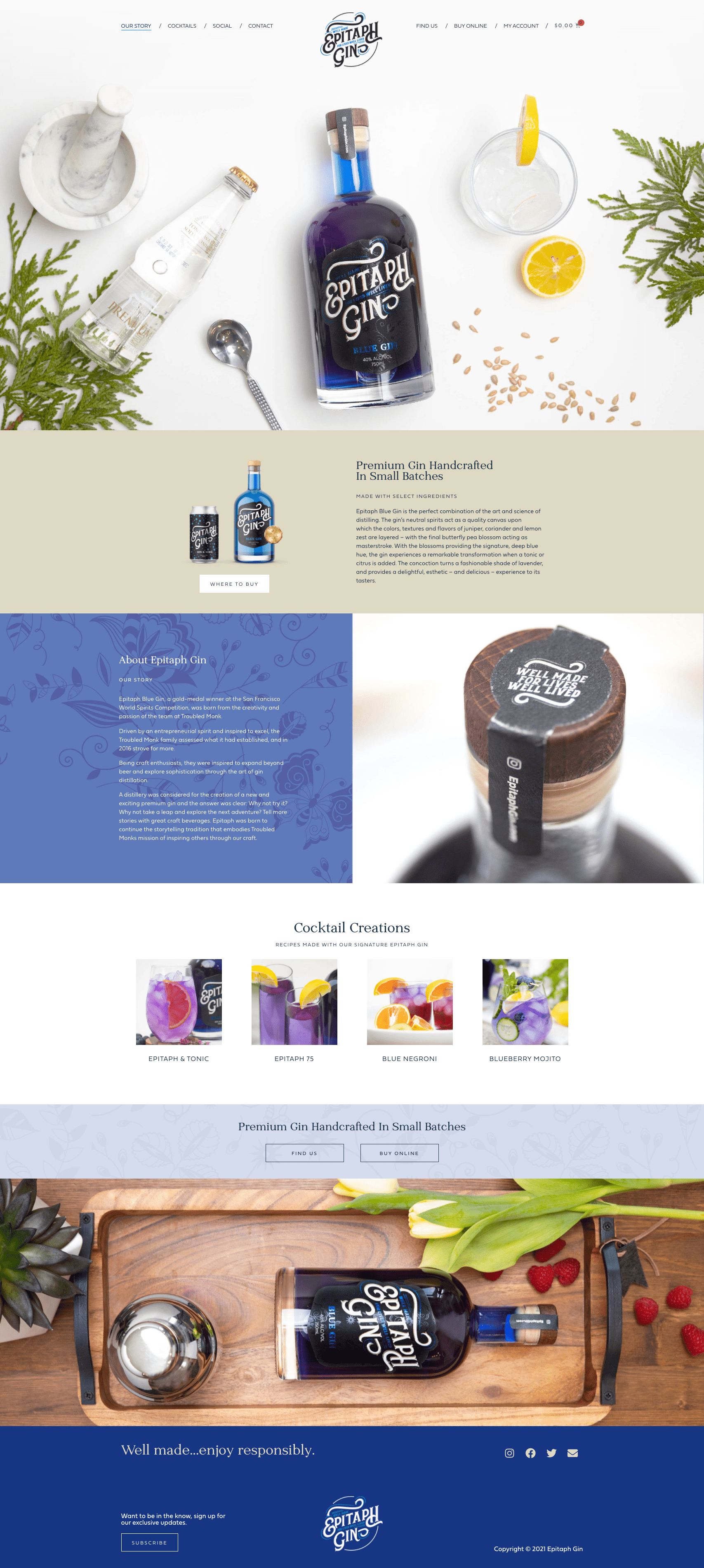 Full desktop homepage of Epitaph Gin