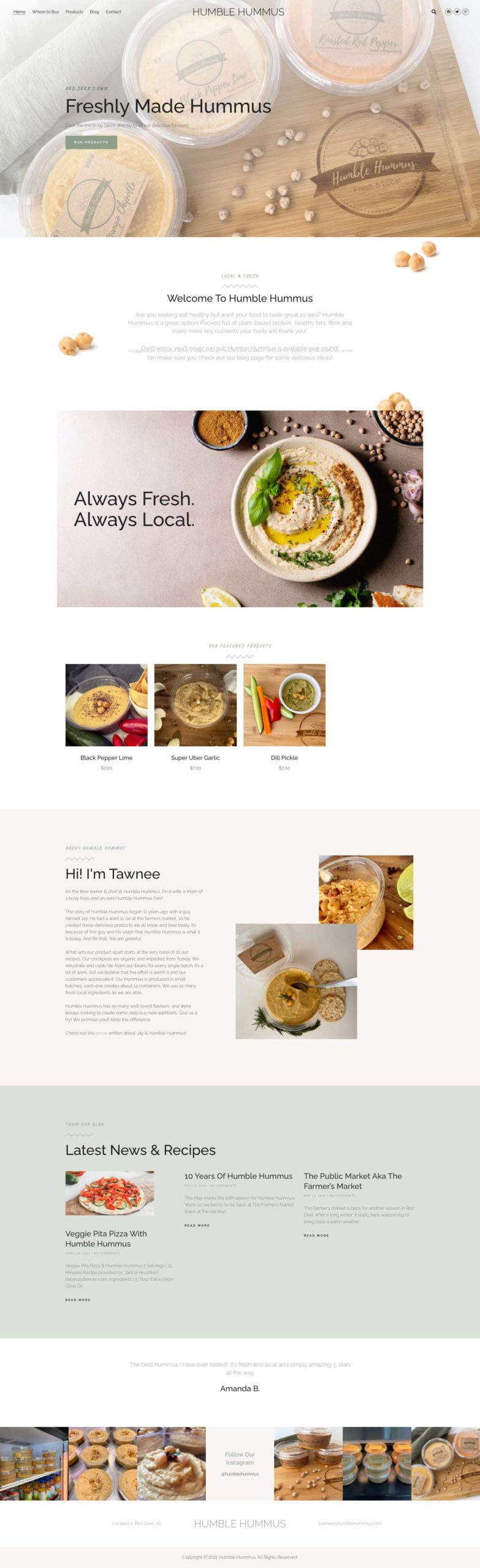 Full page screenshot of Humble Hummus web site