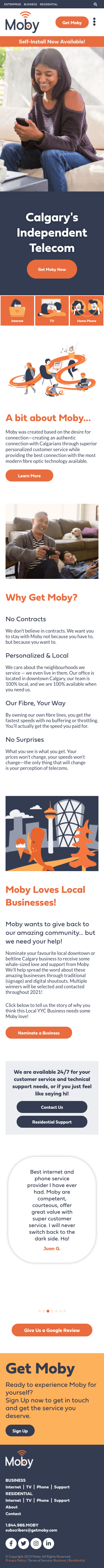 Full mobile homepage of Moby Fibre Internet provider in Calgary