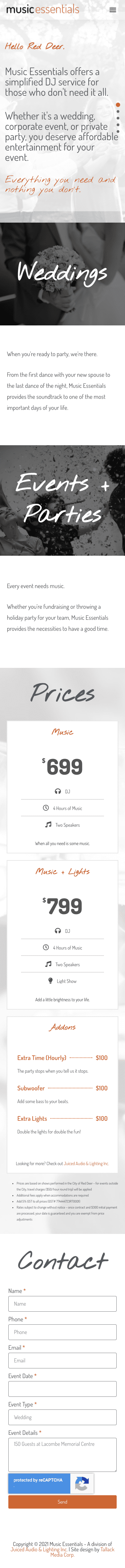 Full mobile homepage of Music Essentials DJ Service in Red Deer